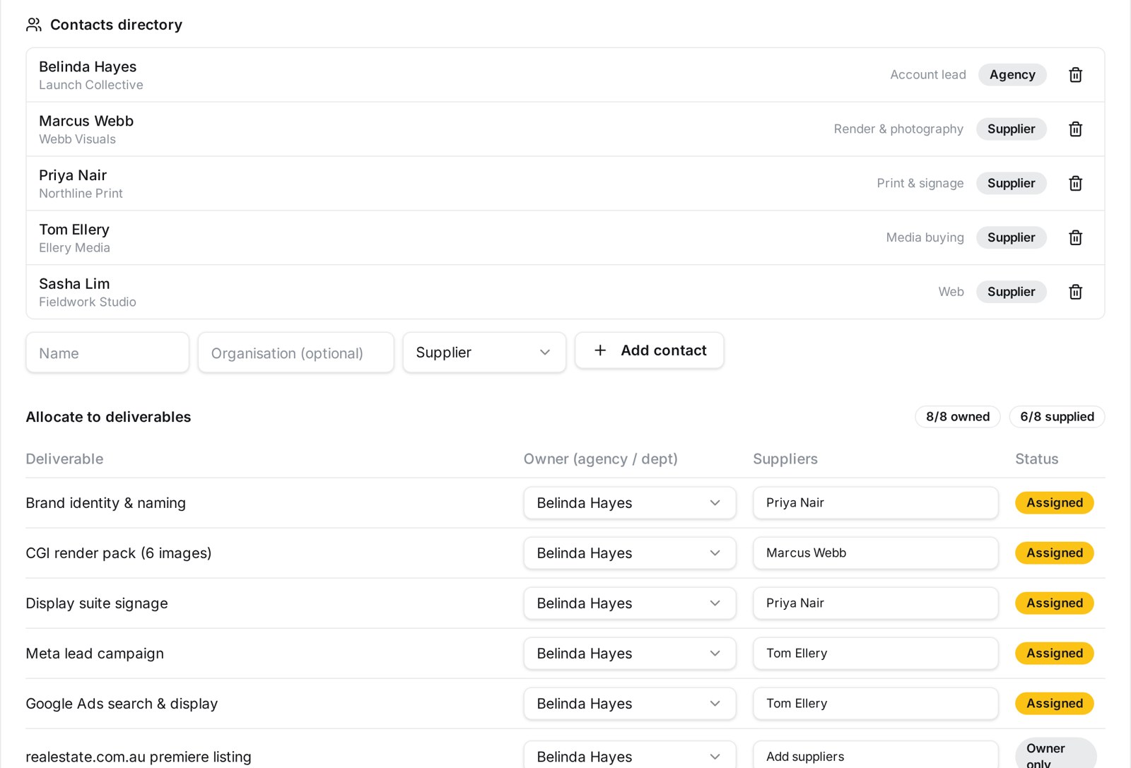 River Bend contacts directory with contractors allocated to each deliverable